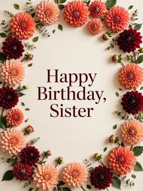 "Happy Birthday, Sister" in dark burgundy serif text, surrounded by a frame of coral, peach and burgundy dahlias on a cream