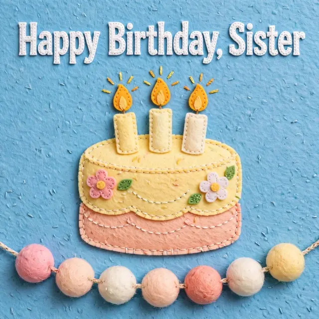 "Happy Birthday, Sister" stitched text above a felt craft birthday cake with candles and pom-pom garland on a sky blue