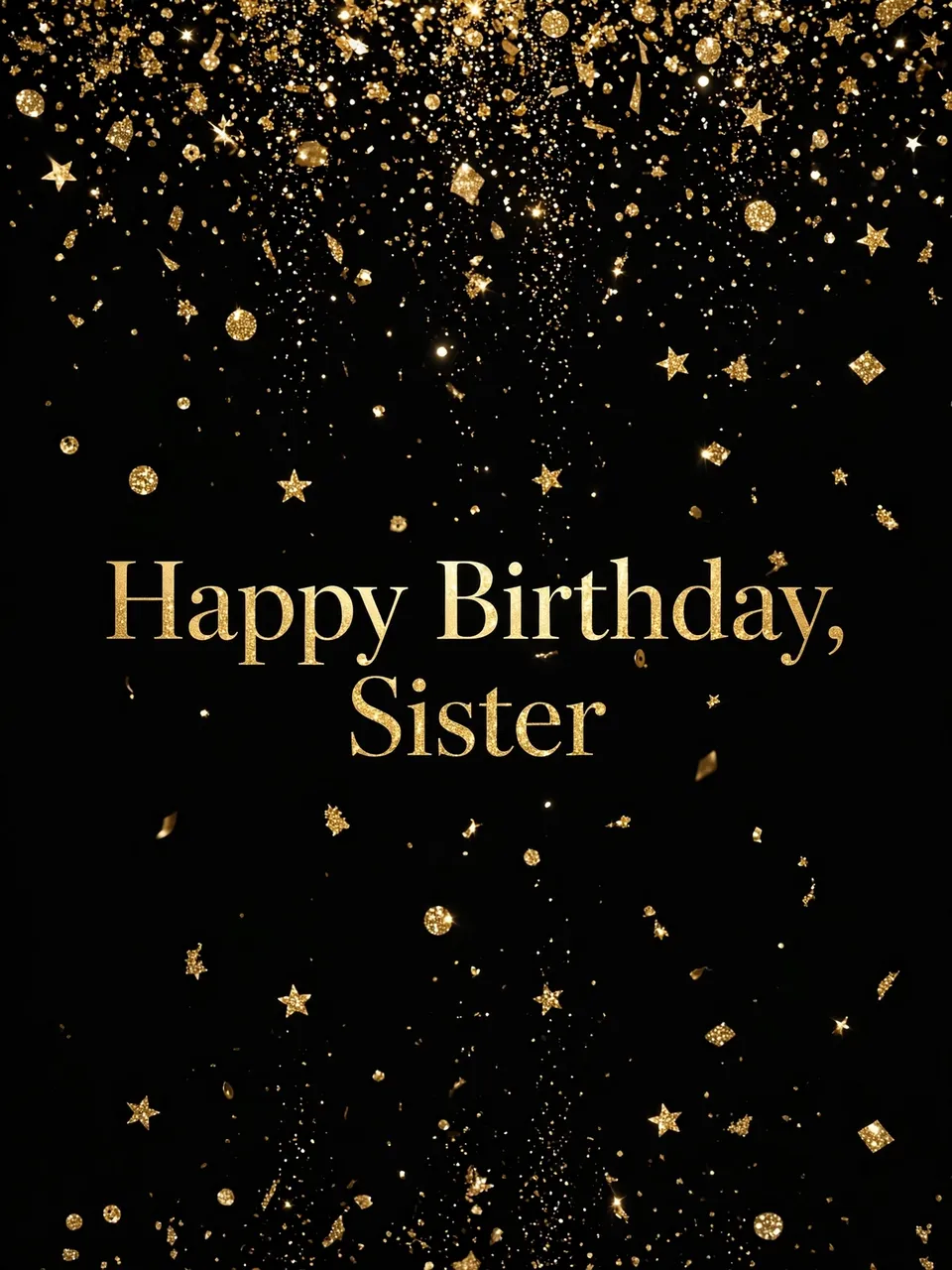 "Happy Birthday, Sister" in gold serif text centered on a black background with falling gold glitter confetti