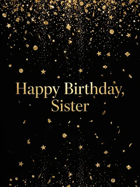 "Happy Birthday, Sister" in gold serif text centered on a black background with falling gold glitter confetti
