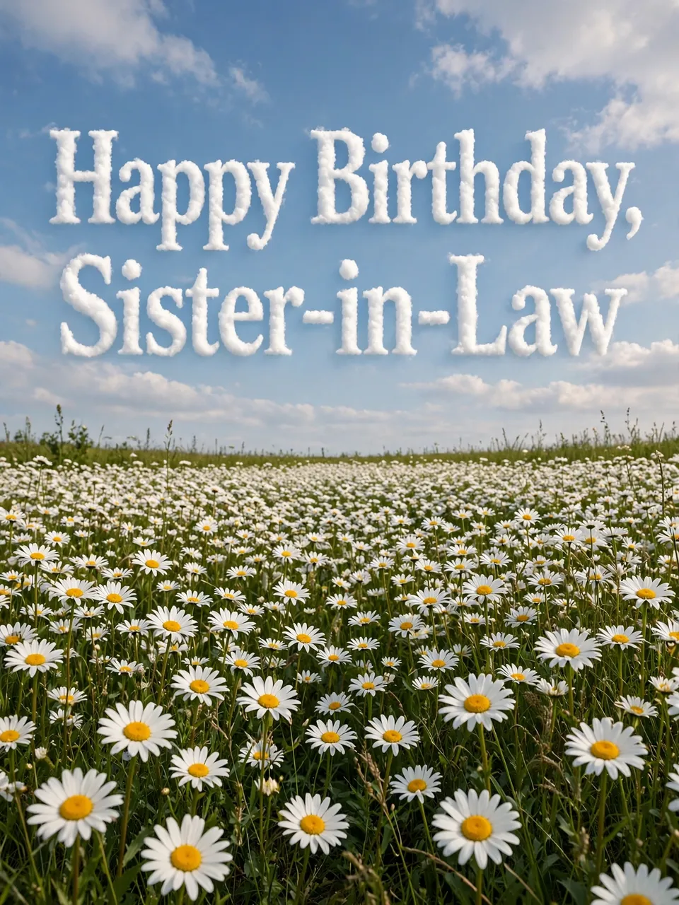 The text "Happy Birthday, Sister-in-Law" formed from fluffy cloud-style lettering floats above a field of white daisies
