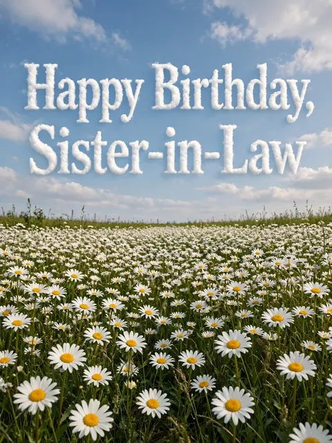 The text "Happy Birthday, Sister-in-Law" formed from fluffy cloud-style lettering floats above a field of white daisies