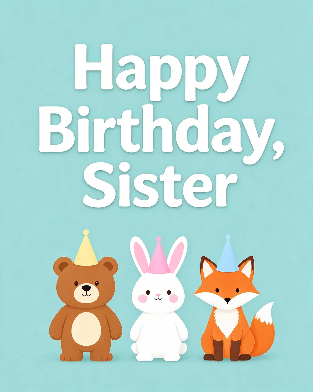Bold white text reading "Happy Birthday, Sister" sits above a bear, rabbit, and fox in party hats on a pale teal background