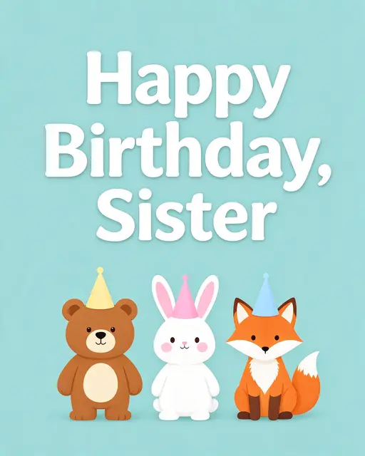 Bold white text reading "Happy Birthday, Sister" sits above a bear, rabbit, and fox in party hats on a pale teal background