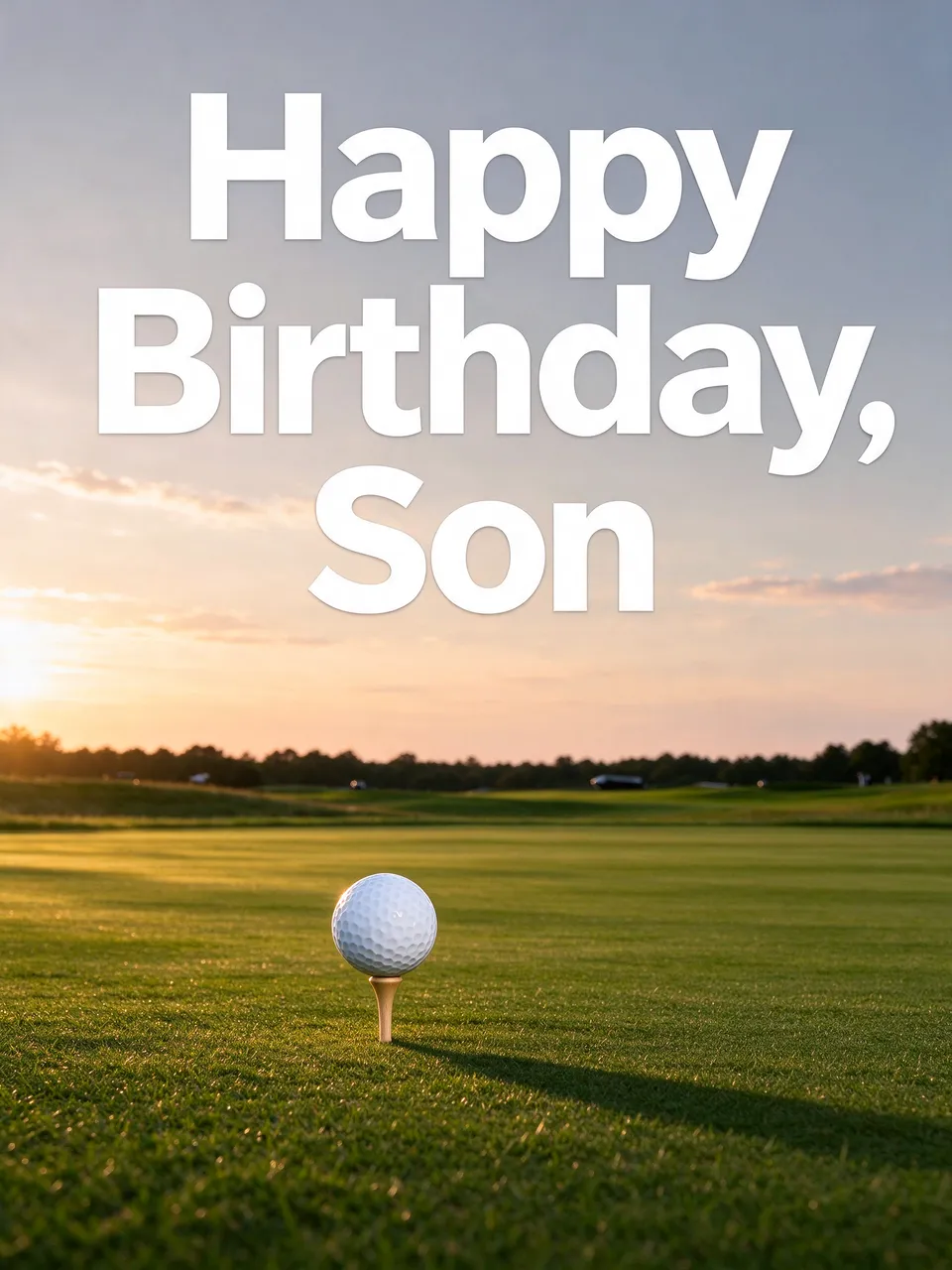 "Happy Birthday, Son" text over a golf ball on a tee on a sunlit golf fairway at sunrise