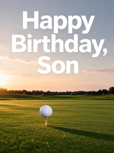 "Happy Birthday, Son" text over a golf ball on a tee on a sunlit golf fairway at sunrise