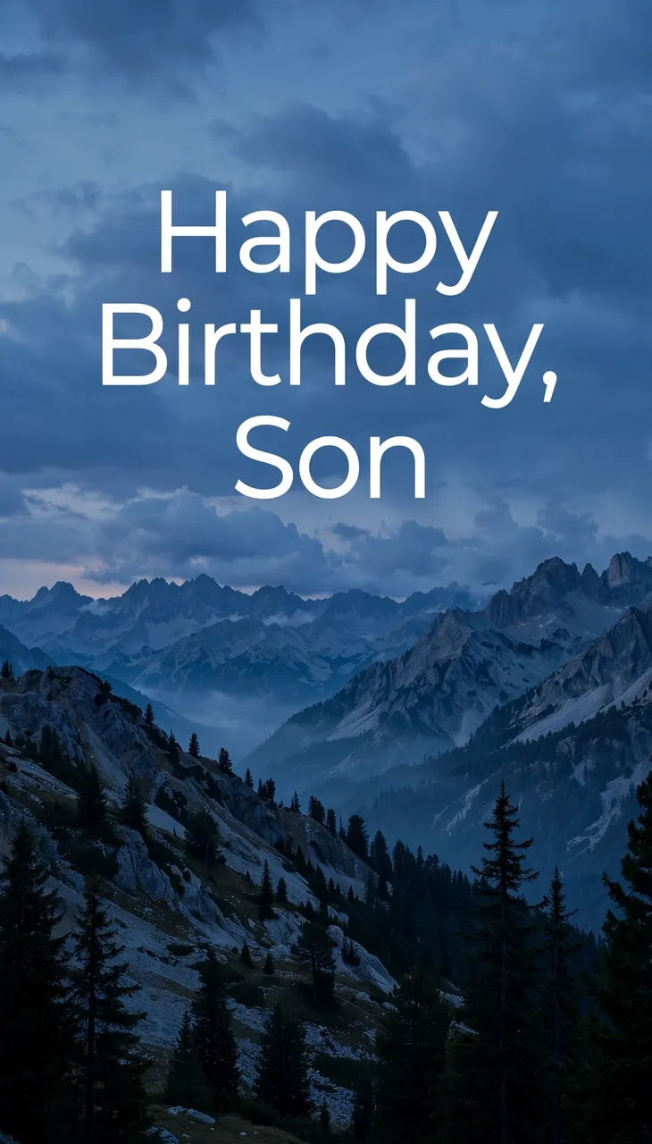 "Happy Birthday, Son" text over a blue toned mountain range at cloudy dusk