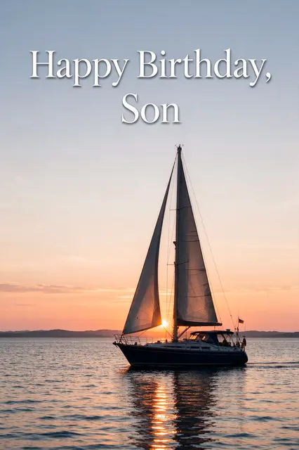 "Happy Birthday, Son" white serif text over a calm sunrise seascape with a sailing yacht