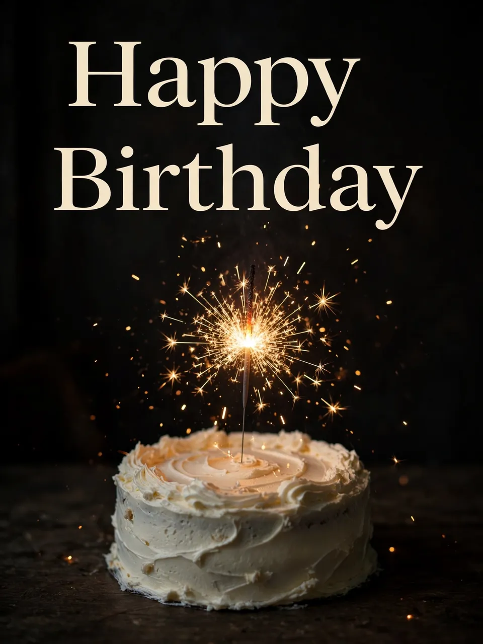 "Happy Birthday" text above a lit sparkler on a frosted cream cake against a dark dim background