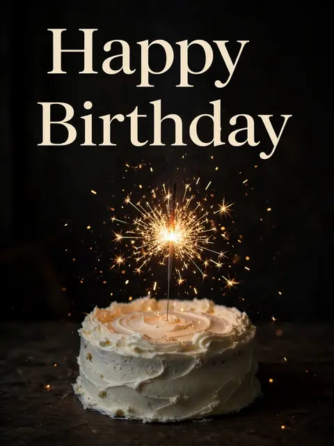 "Happy Birthday" text above a lit sparkler on a frosted cream cake against a dark dim background
