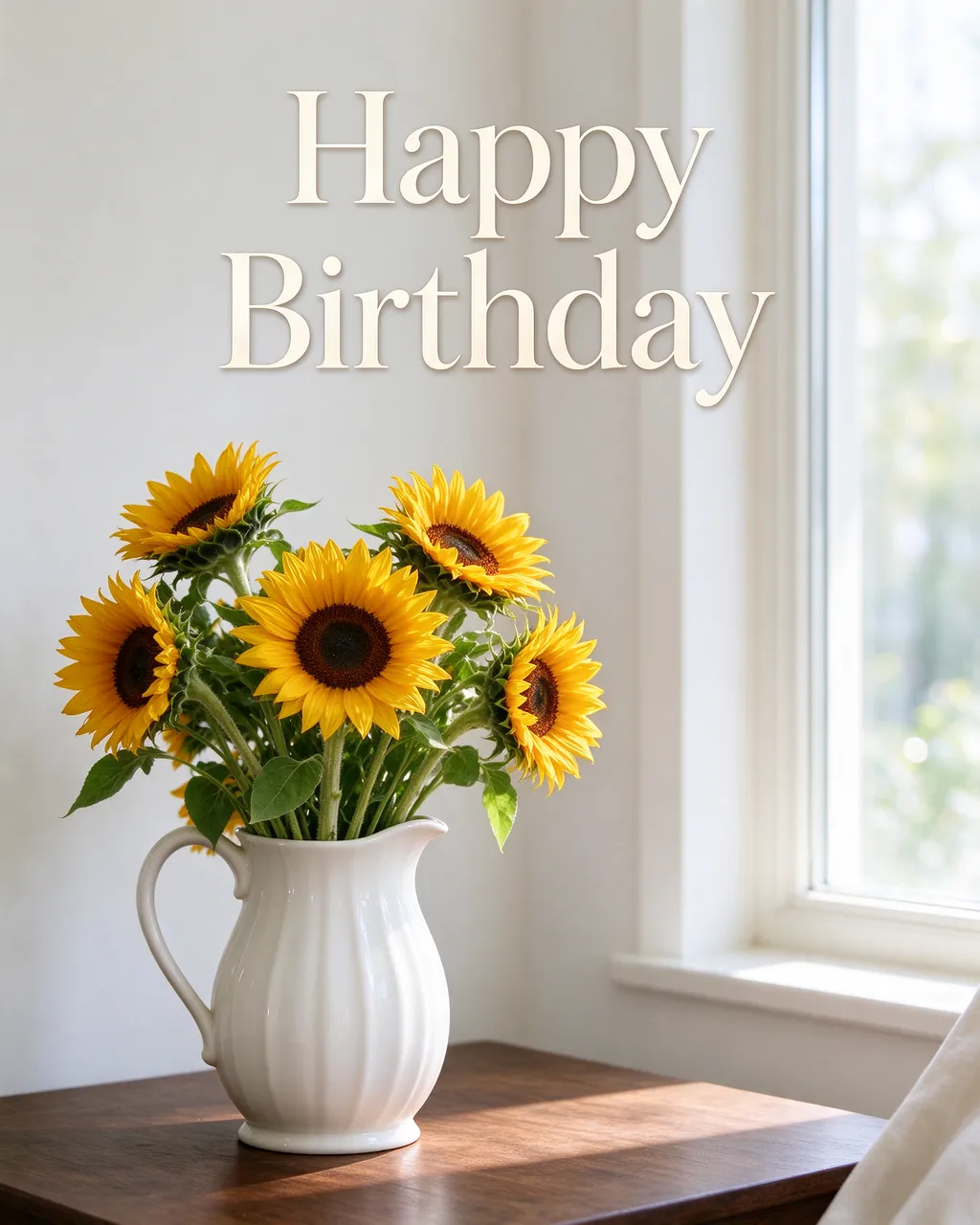 "Happy Birthday" text sits above sunflowers in a white pitcher on a wooden windowsill table in warm natural light