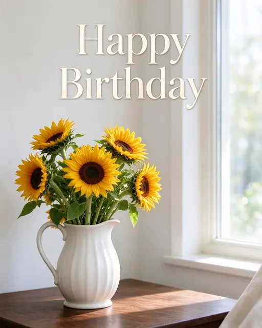 "Happy Birthday" text sits above sunflowers in a white pitcher on a wooden windowsill table in warm natural light