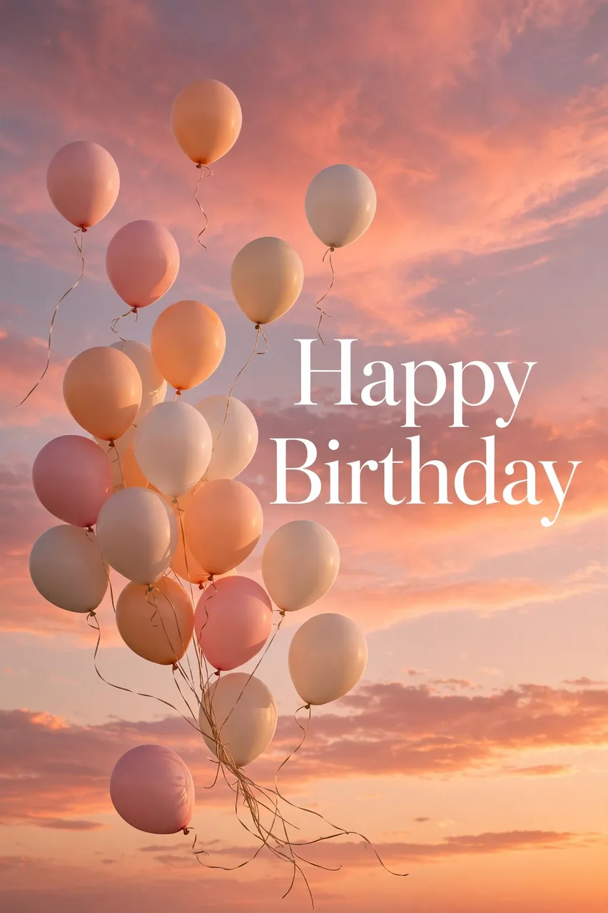 "Happy Birthday" text sits next to pastel floating balloons against a pink and orange sunset sky