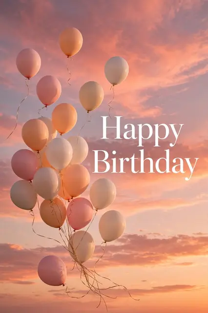 "Happy Birthday" text sits next to pastel floating balloons against a pink and orange sunset sky