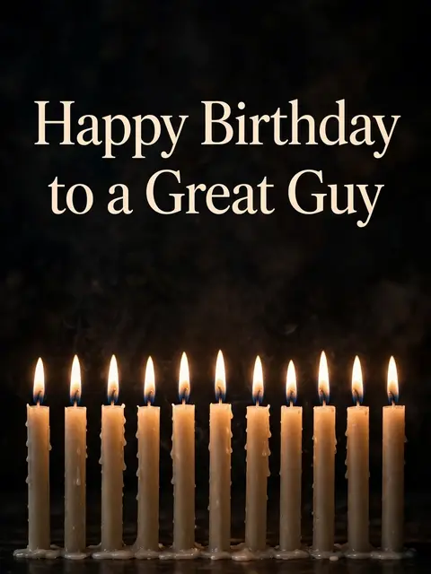 The text "Happy Birthday to a Great Guy" sits above a row of lit birthday candles against a dark background