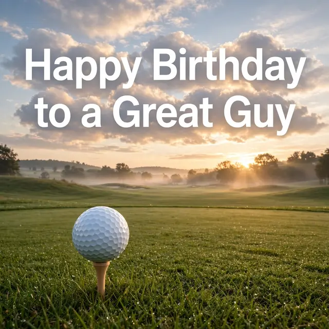 "Happy Birthday to a Great Guy" text over a golf ball on a tee at sunrise on a misty green fairway