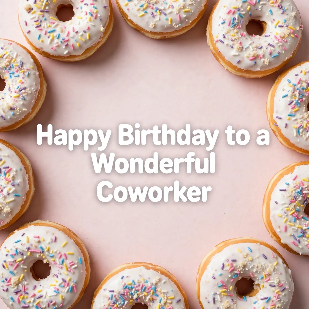 "Happy Birthday to a Wonderful Coworker" centered between frosted sprinkled donuts on a pale pink surface