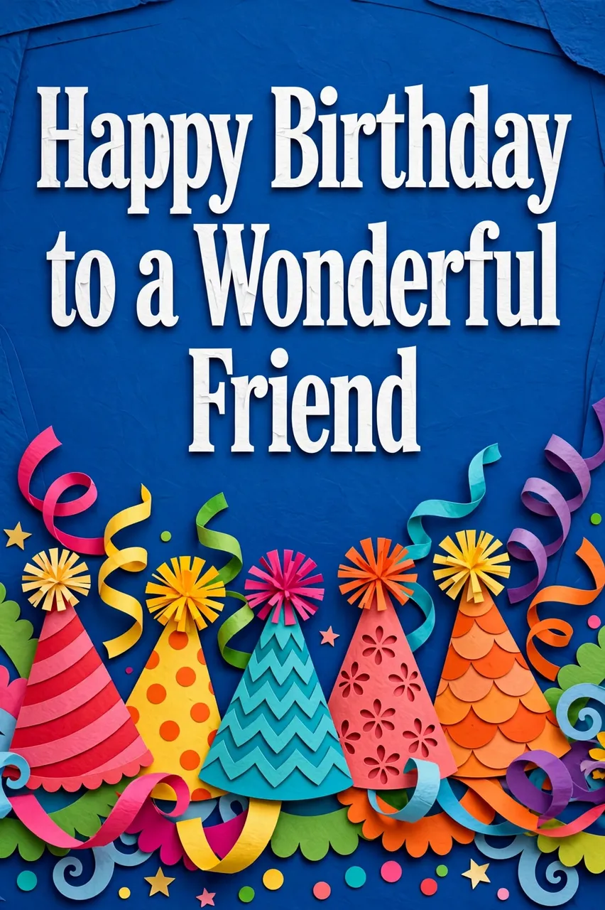 "Happy Birthday to a Wonderful Friend" text over a royal blue background with layered paper cut party hats and streamers