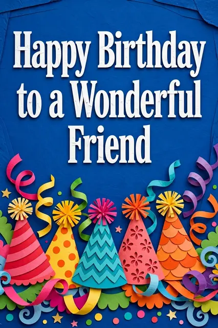 "Happy Birthday to a Wonderful Friend" text over a royal blue background with layered paper cut party hats and streamers