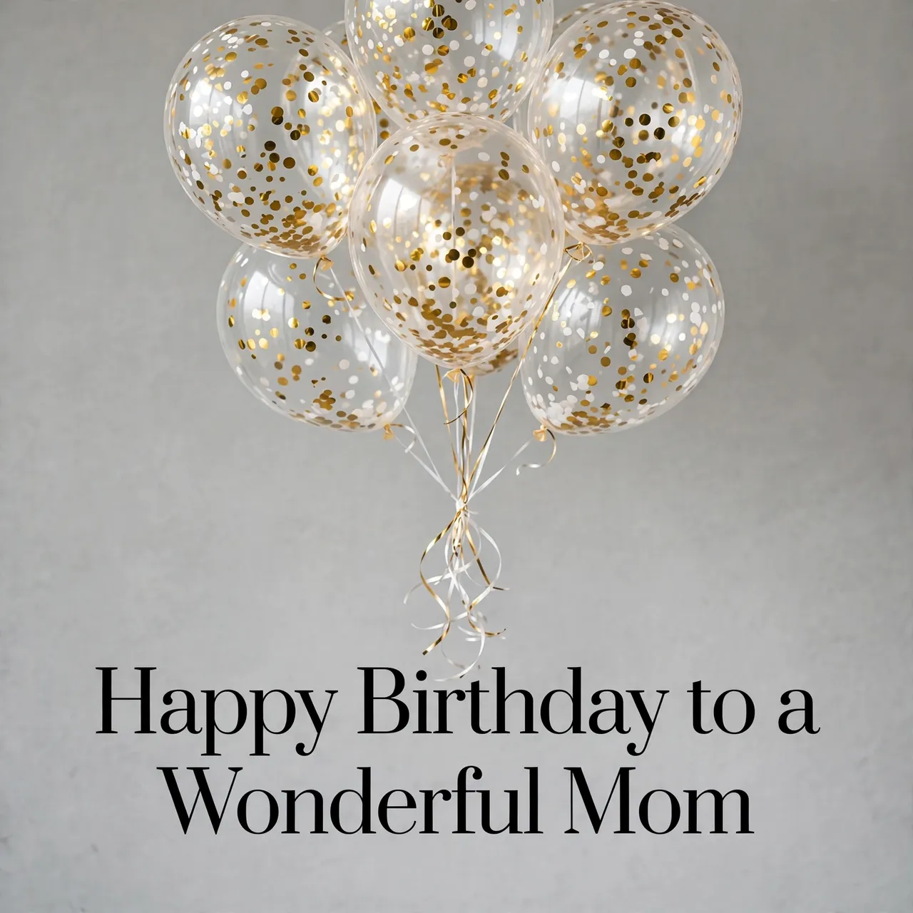 "Happy Birthday to a Wonderful Mom" text sits below clear confetti-filled balloons on a soft grey background