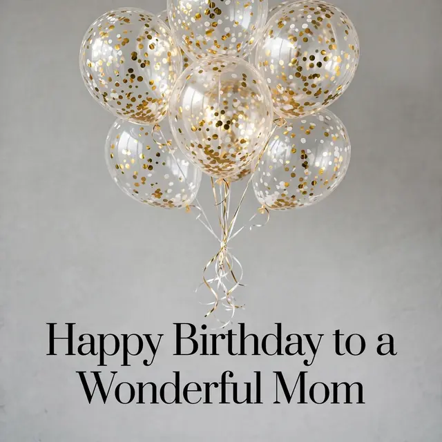 "Happy Birthday to a Wonderful Mom" text sits below clear confetti-filled balloons on a soft grey background