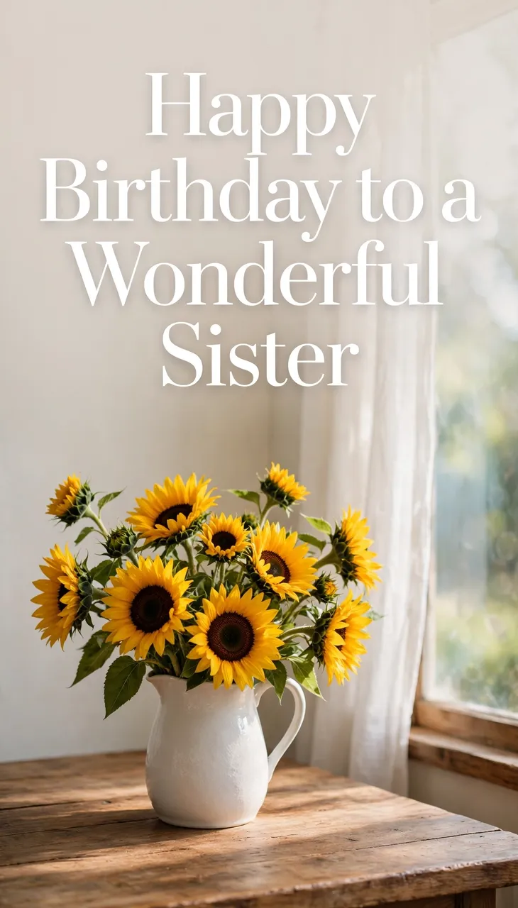 "Happy Birthday to a Wonderful Sister" text over sunflowers in a white pitcher on a wooden windowsill table