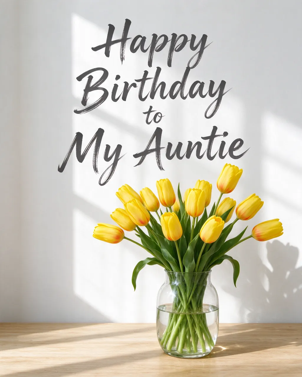 "Happy Birthday to My Auntie" charcoal lettering above a sunlit glass vase of yellow tulips on a wooden table