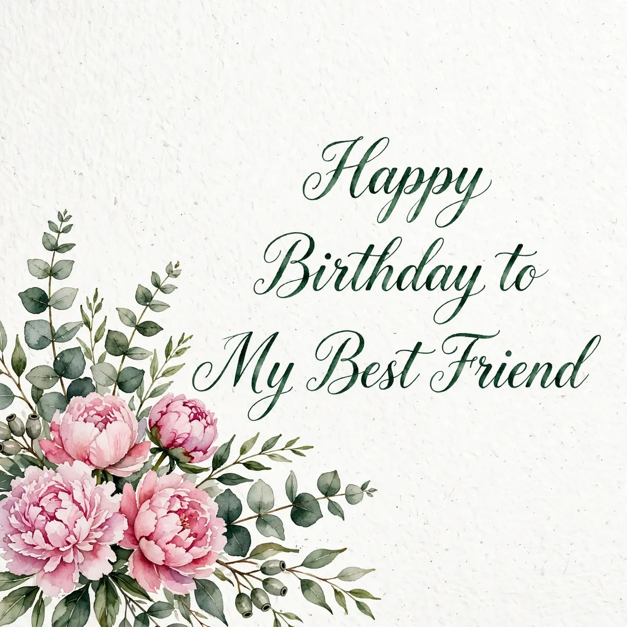 Watercolor pink peony and eucalyptus bouquet in the lower left with "Happy Birthday to My Best Friend" dark green script