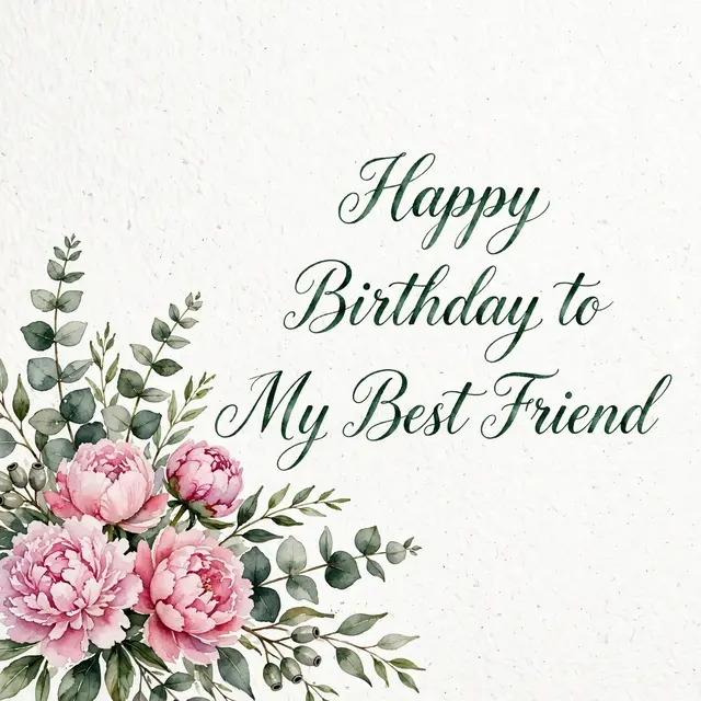 Watercolor pink peony and eucalyptus bouquet in the lower left with "Happy Birthday to My Best Friend" dark green script