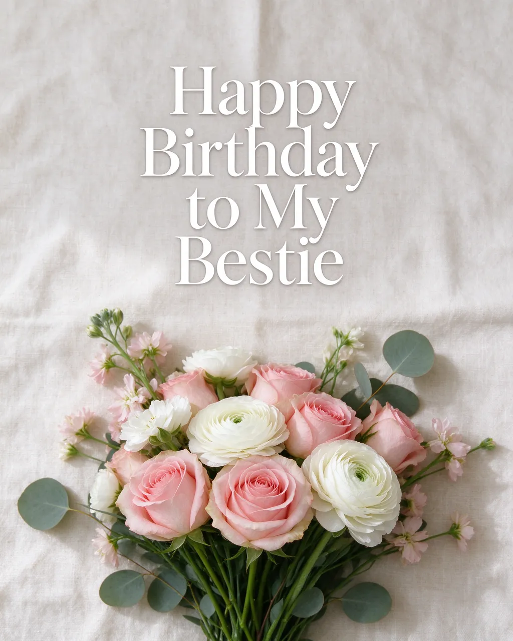 "Happy Birthday to My Bestie" text above a bouquet of pink roses and white ranunculus resting on pale linen