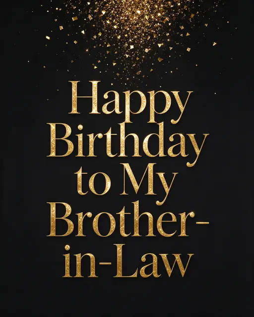 "Happy Birthday to My Brother-in-Law" in glittering gold serif text on a black background with falling gold confetti from