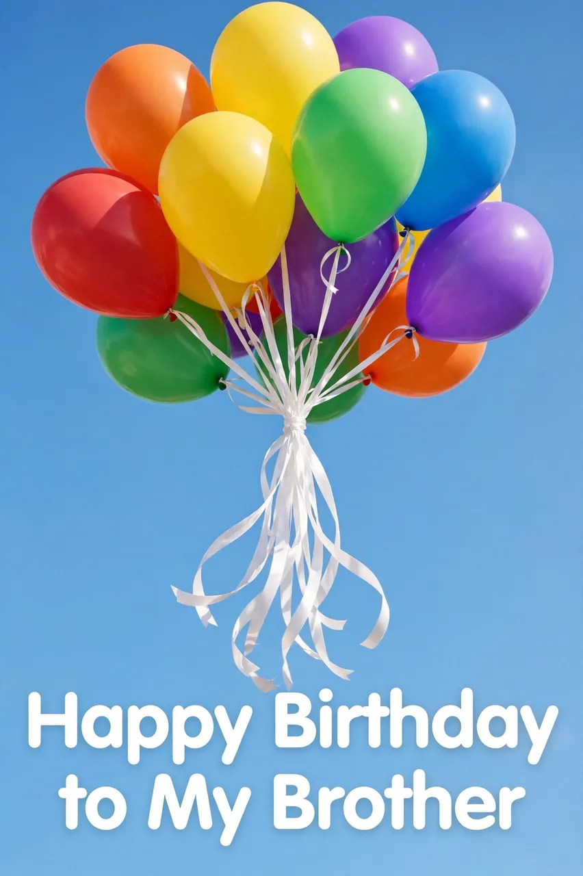 A bunch of rainbow balloons tied with white ribbons against a bright blue sky below the text "Happy Birthday to My Brother"