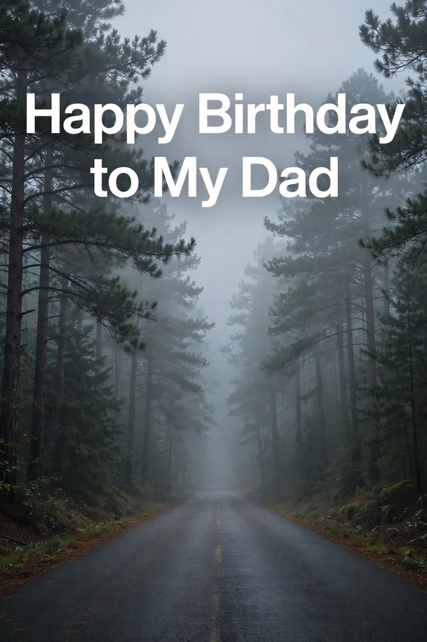 "Happy Birthday to My Dad" text over a foggy empty paved road winding through a pine forest at dawn