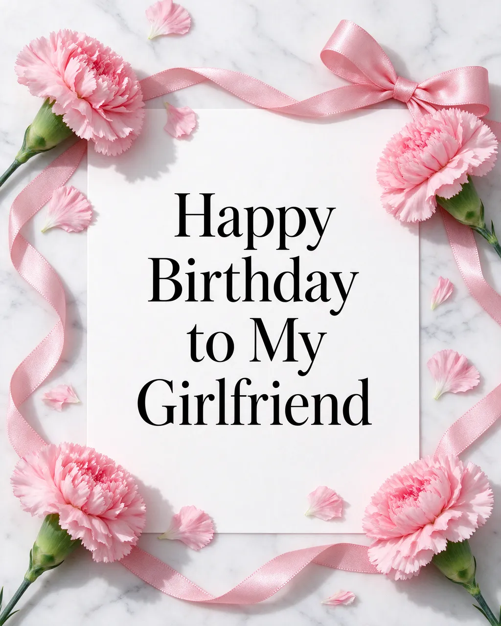 "Happy Birthday to My Girlfriend" in black serif type framed by pink carnations, ribbon and petals on a white marble surface