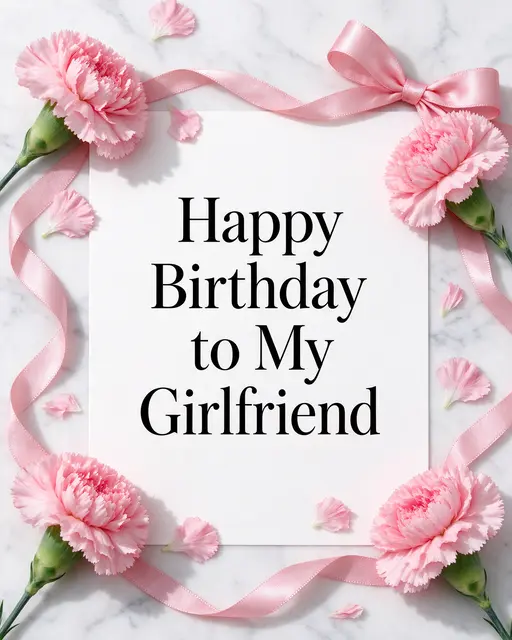 "Happy Birthday to My Girlfriend" in black serif type framed by pink carnations, ribbon and petals on a white marble surface