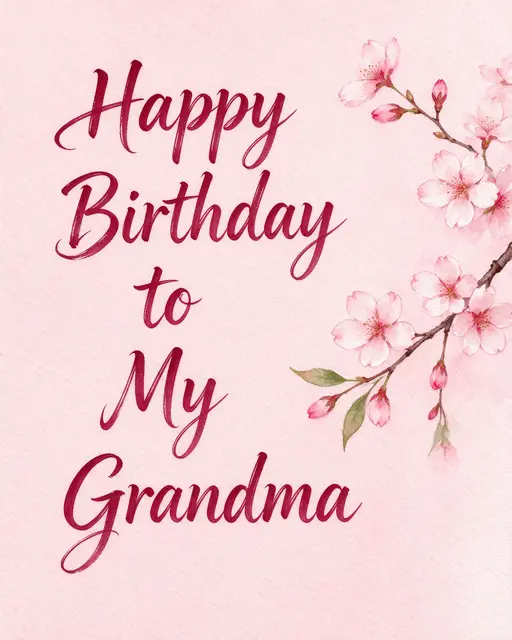 Watercolor design on pale pink paper featuring the text "Happy Birthday to My Grandma" next to a cherry blossom branch