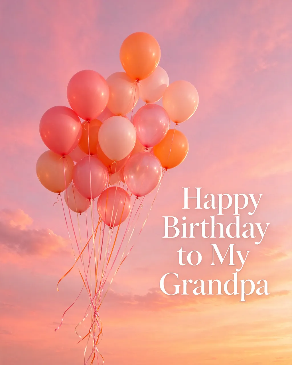 Cluster of pink and orange balloons floats against a pastel sunset sky beside the text "Happy Birthday to My Grandpa"