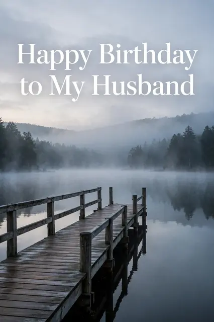 "Happy Birthday to My Husband" text over a misty wooden lake dock at dawn