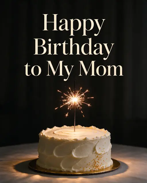 "Happy Birthday to My Mom" serif text above a frosted cream cake with a lit sparkler against a dark curtain background