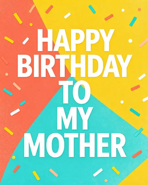 "Happy Birthday to My Mother" in bold white stacked capitals over coral, yellow, turquoise color blocks with scattered