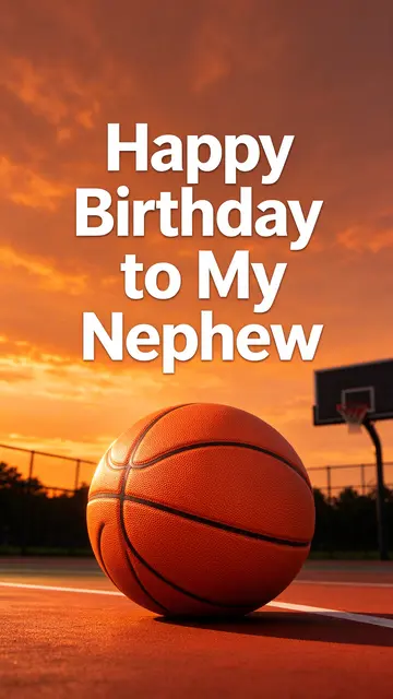 "Happy Birthday to My Nephew" text over an orange basketball resting on an outdoor court at golden sunset