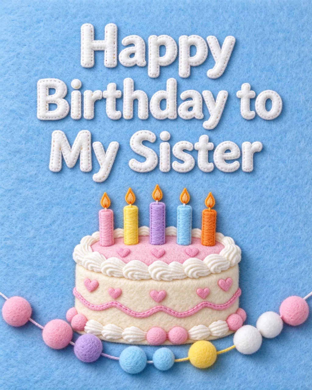 "Happy Birthday to My Sister" stitched felt illustration of a birthday cake with candles on a sky blue background