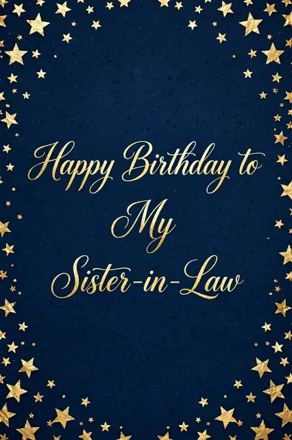 "Happy Birthday to My Sister-in-Law" in gold script lettering centered on a navy background framed by scattered gold foil