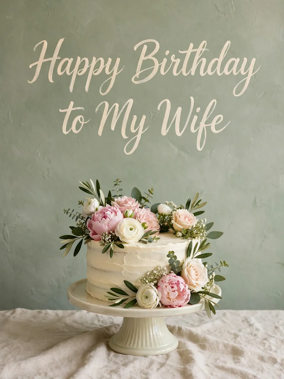 Cream script "Happy Birthday to My Wife" sits above a fresh flower decorated cake on a pale stand against a soft sage wall.