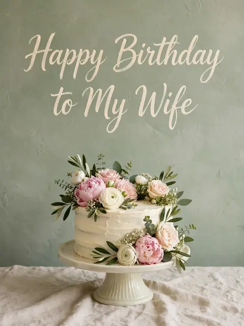 Cream script "Happy Birthday to My Wife" sits above a fresh flower decorated cake on a pale stand against a soft sage wall.