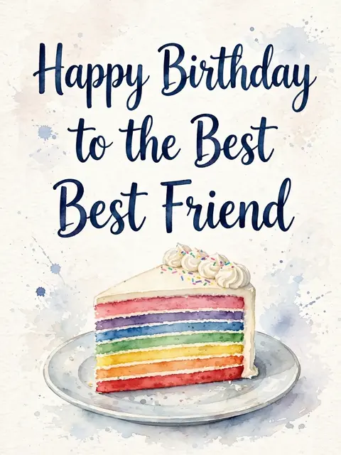 "Happy Birthday to the Best Best Friend" hand-lettered above a watercolor rainbow layer cake slice on a plate