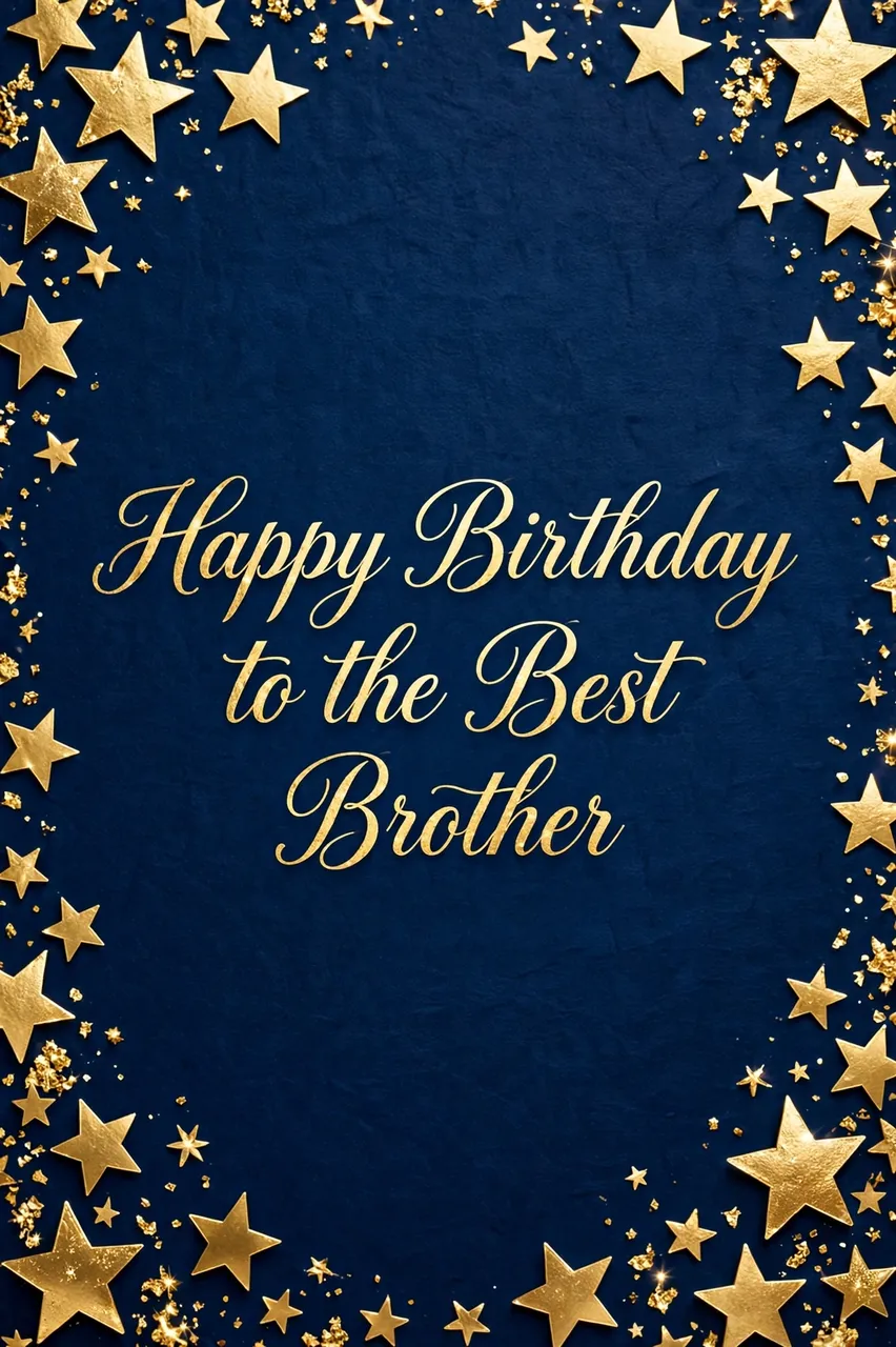 "Happy Birthday to the Best Brother" written in gold script on a navy blue background framed by scattered gold foil stars.