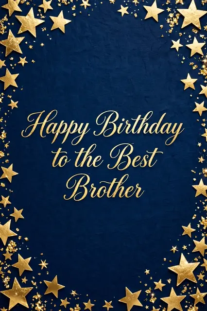 "Happy Birthday to the Best Brother" written in gold script on a navy blue background framed by scattered gold foil stars.