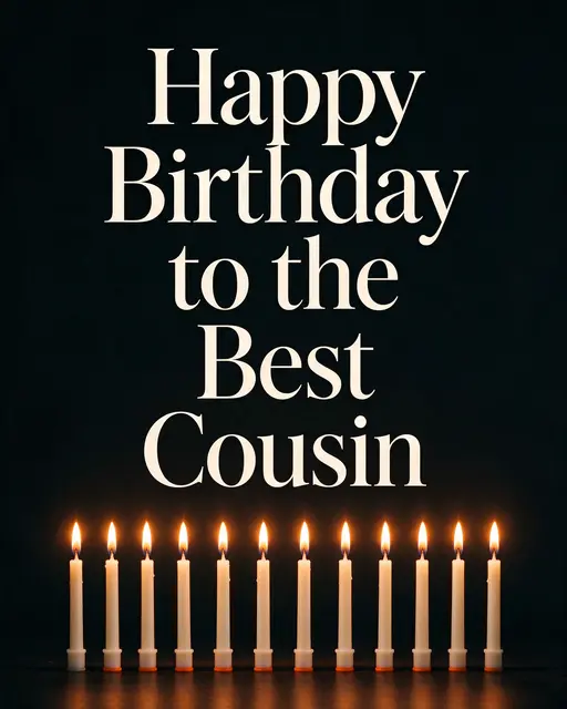 "Happy Birthday to the Best Cousin" text above a row of lit birthday candles against a dark background
