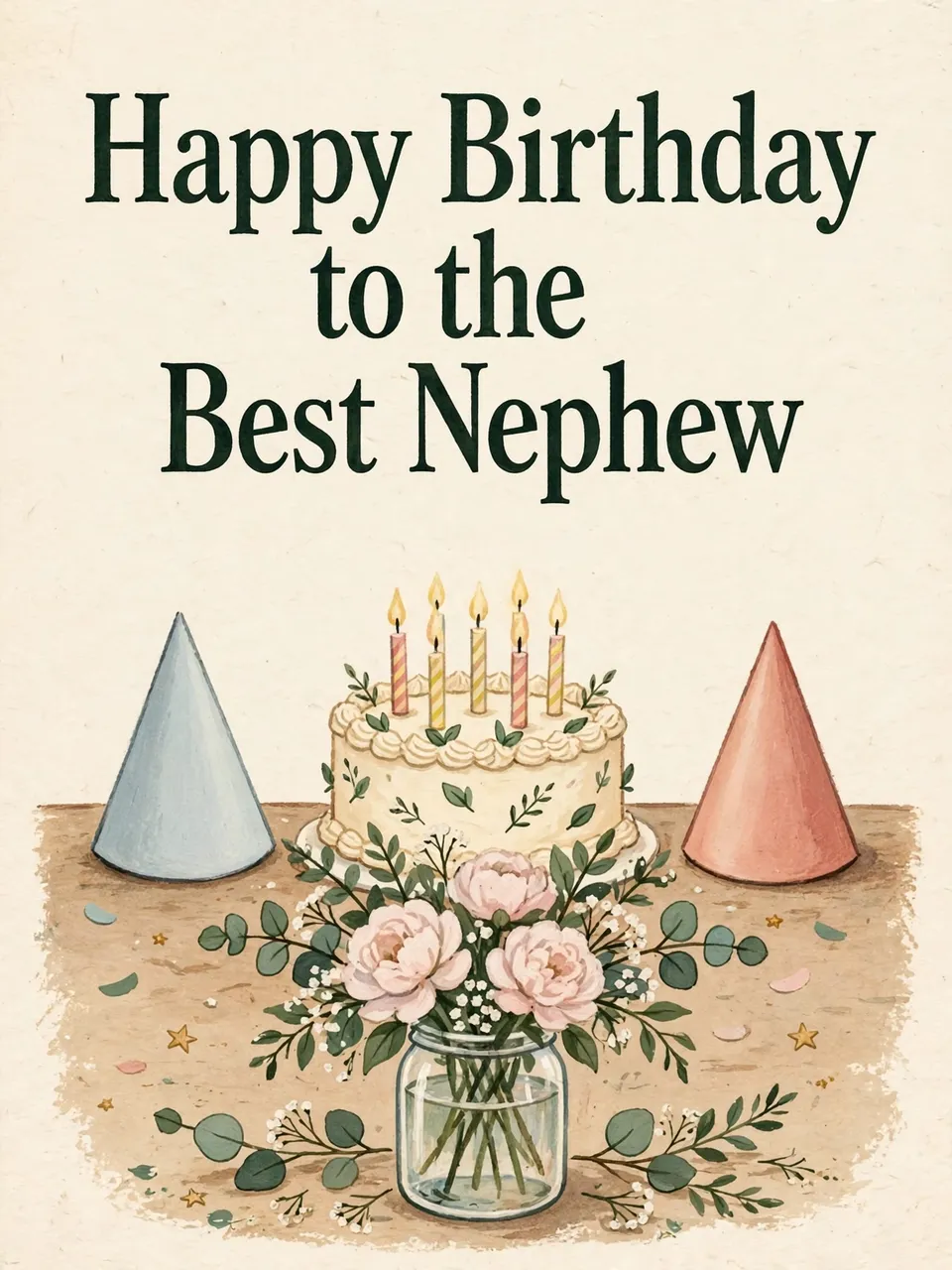 "Happy Birthday to the Best Nephew" text above a gouache illustration of a birthday cake, party hats and flower jar on a